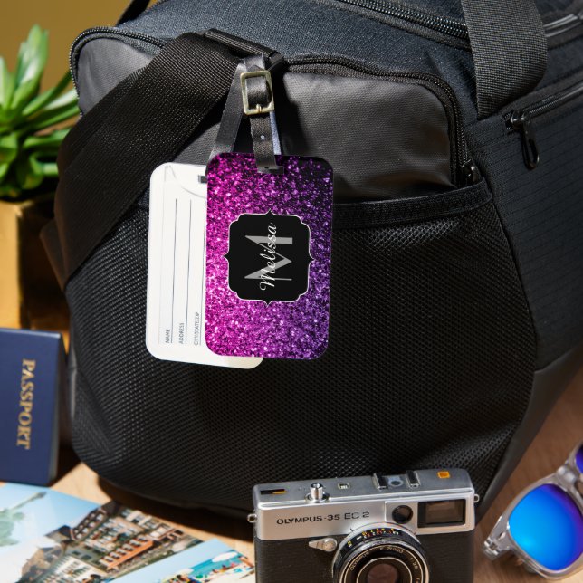 Étiquette À Bagage Monogramme paillettes faux ombré rose violet (Recto & Verso)