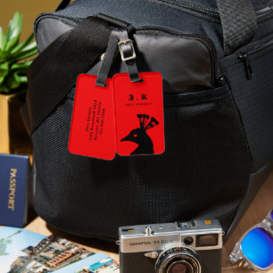 Étiquette À Bagage Monogramme Paon Silhouette Noir Rouge