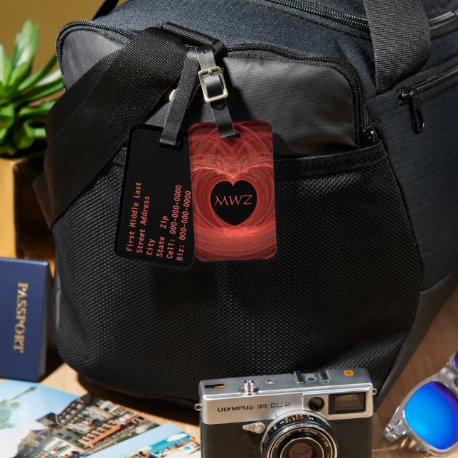 Étiquette À Bagage Monogramme Paraphe Coeur Rouge Oeuvre personnalisé (Recto & Verso)