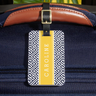 Étiquette À Bagage Monogramme personnalisé à clé grecque jaune marine