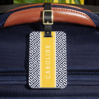 Étiquette À Bagage Monogramme personnalisé à clé grecque jaune marine