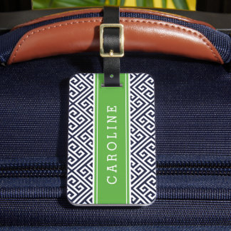 Étiquette À Bagage Monogramme personnalisé à clé grecque marine et ve
