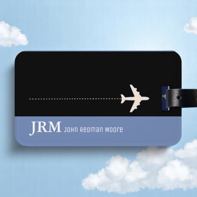 Étiquette À Bagage Monogramme personnalisé bleu / voyage en avion (Créateur téléchargé)
