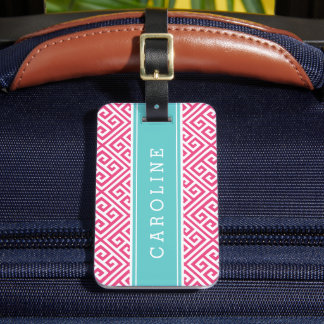 Étiquette À Bagage Monogramme personnalisé clé grecque rose et turquo