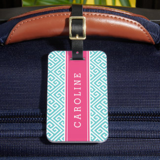 Étiquette À Bagage Monogramme personnalisé clé grecque rose et turquo