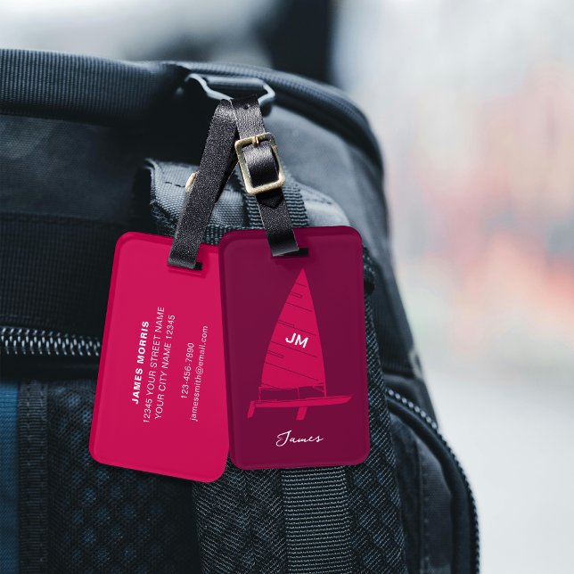 Étiquette À Bagage Monogramme personnalisé Course de voilier rose (Créateur téléchargé)