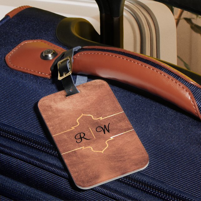 Étiquette À Bagage Monogramme personnalisé Cuivre rustique (Créateur téléchargé)