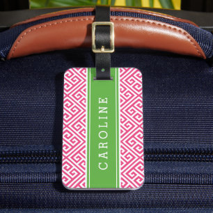 Étiquette À Bagage Monogramme personnalisé de clé grecque rose et ver