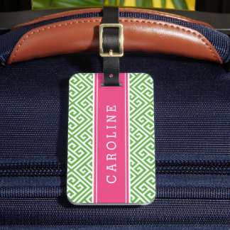 Étiquette À Bagage Monogramme personnalisé de clé grecque verte et ro
