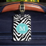 Étiquette À Bagage Monogramme personnalisé d'impression Turquoise et<br><div class="desc">Une étiquette de bagage de voyage personnalisée avec un poster de animal zèbre chic girly. Personnalisez-le avec votre monogramme dans un cadre circulaire et ajoutez vos coordonnées à l'arrière. Cliquez sur Customiser pour modifier les polices et les couleurs pour créer votre propre design unique.</div>