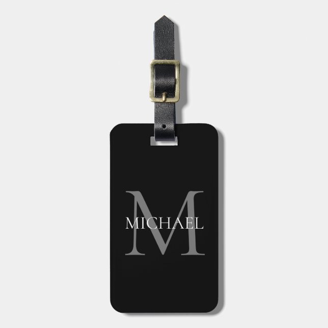 Étiquette À Bagage Monogramme personnalisé et nom noir (Devant Vertical)