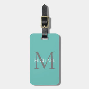 Étiquette À Bagage Monogramme personnalisé et nom Turquoise clair