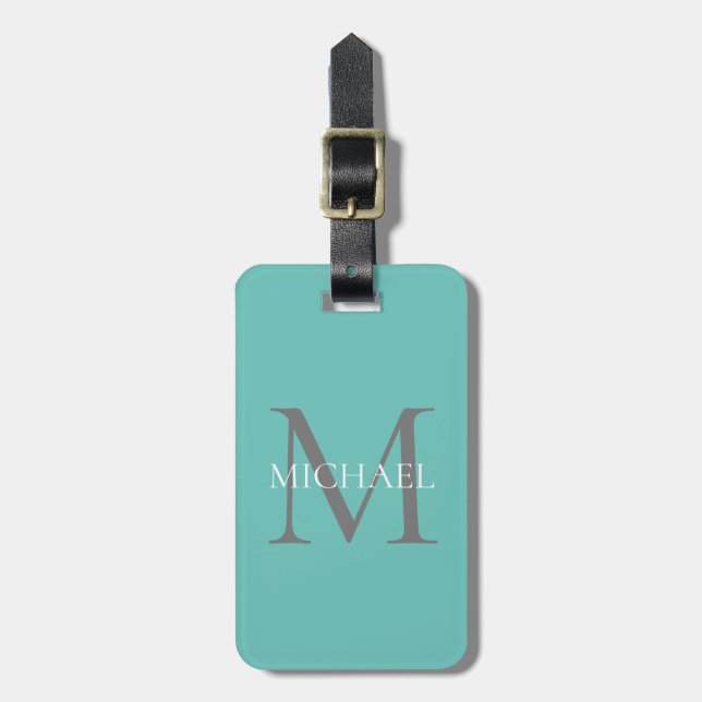 Étiquette À Bagage Monogramme personnalisé et nom Turquoise clair (Devant Vertical)