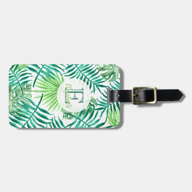 Étiquette À Bagage monogramme personnalisé, feuilles de palmiers trop (Devant horizontal)