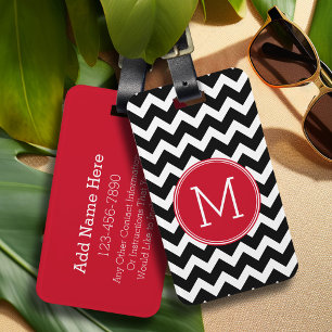 Étiquette À Bagage Monogramme personnalisé Motif Chevron rouge et noi