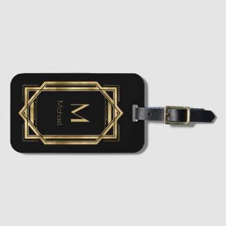 Étiquette À Bagage Monogramme Personnalisé Noir et Or | Géométrique