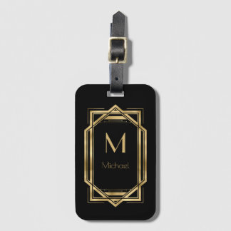 Étiquette À Bagage Monogramme personnalisé noir et or | Géométrique 