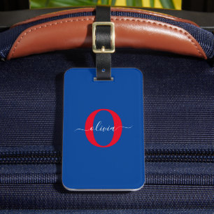 Étiquette À Bagage Monogramme personnalisé Nom du script Bleu Blanc R
