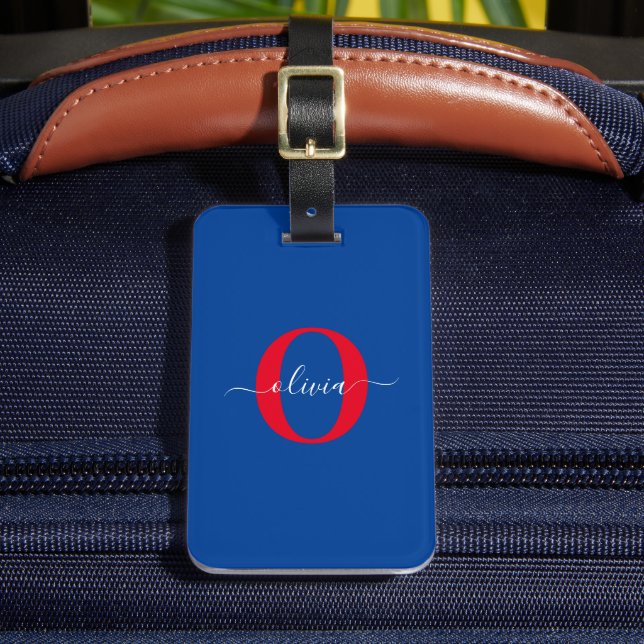 Étiquette À Bagage Monogramme personnalisé Nom du script Bleu Blanc R (Insitu Rectoal 2)