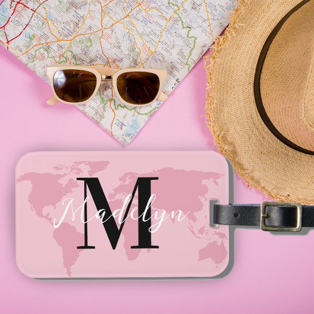Étiquette À Bagage Monogramme personnalisé Nom Pink Map World Travell (Créateur téléchargé)