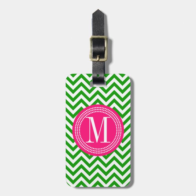 Étiquette À Bagage Monogramme personnalisé par zigzag vert-foncé de (Devant Vertical)