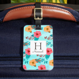 Étiquette À Bagage Monogramme personnalisé Plage florale tropicale