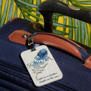 Étiquette À Bagage Monogramme personnalisé plume bleue personnalisée 