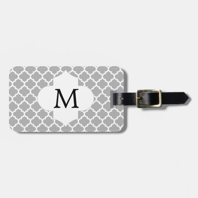 Étiquette À Bagage Monogramme personnalisé Quatrefoil gris et blanc (Devant horizontal)