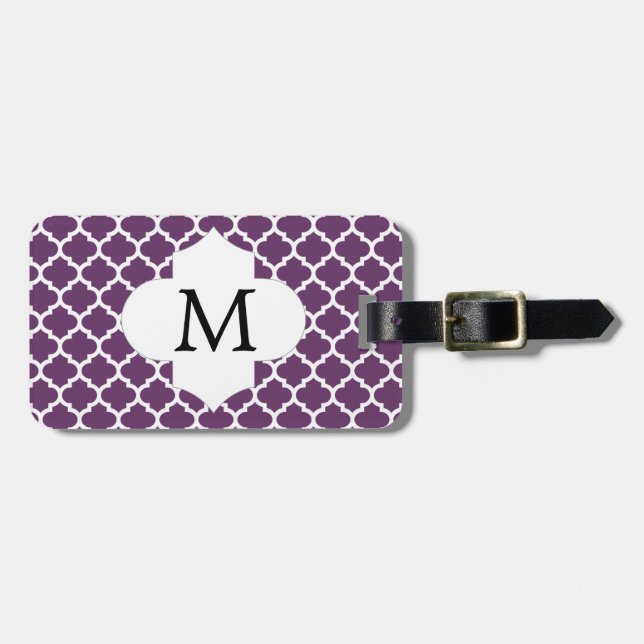Étiquette À Bagage Monogramme personnalisé Quatrefoil violet et blanc (Devant horizontal)