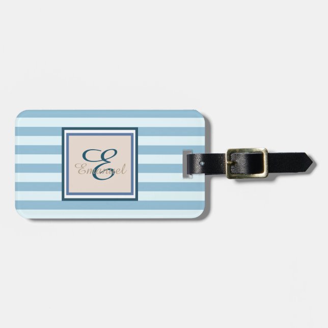 Étiquette À Bagage Monogramme personnalisé rayé bleu clair (Devant horizontal)