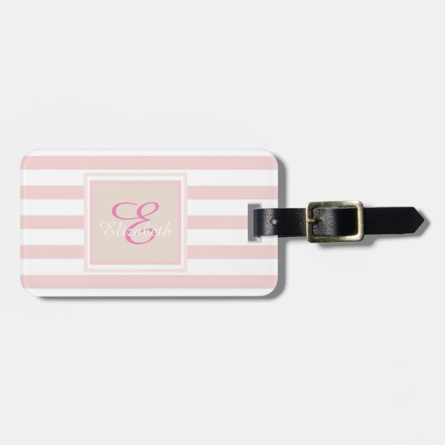 Étiquette À Bagage Monogramme personnalisé rayé rose (Devant horizontal)