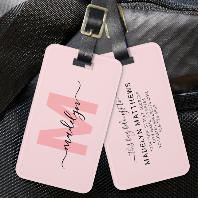 Étiquette À Bagage Monogramme personnalisé rose blush (Modern Custom Blush Pink Monogram Name Luggage Tag)