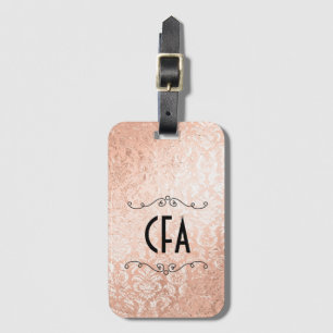 Étiquette À Bagage Monogramme personnalisé Rose Gold Damask