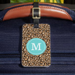 Étiquette À Bagage Monogramme personnalisé Turquoise et Empreinte de<br><div class="desc">Une étiquette de bagage de voyage sur mesure avec un poster de animal chic en léopard. Personnalisez-le avec votre monogramme dans un cadre circulaire et ajoutez vos coordonnées à l'arrière. Cliquez sur Customiser pour modifier les polices et les couleurs pour créer votre propre design unique.</div>