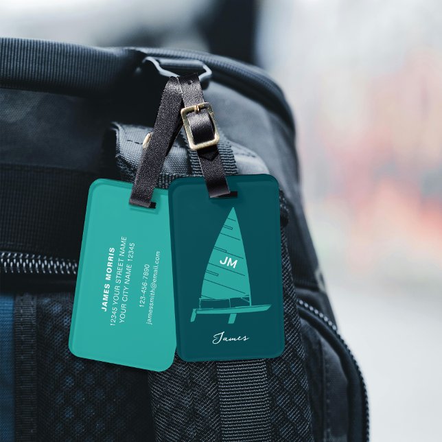 Étiquette À Bagage Monogramme Personnalisé Voilier Racing Turquoise (Créateur téléchargé)