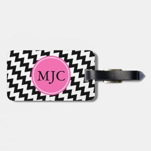 Étiquette À Bagage Monogramme personnalisé Zigzag noir et blanc