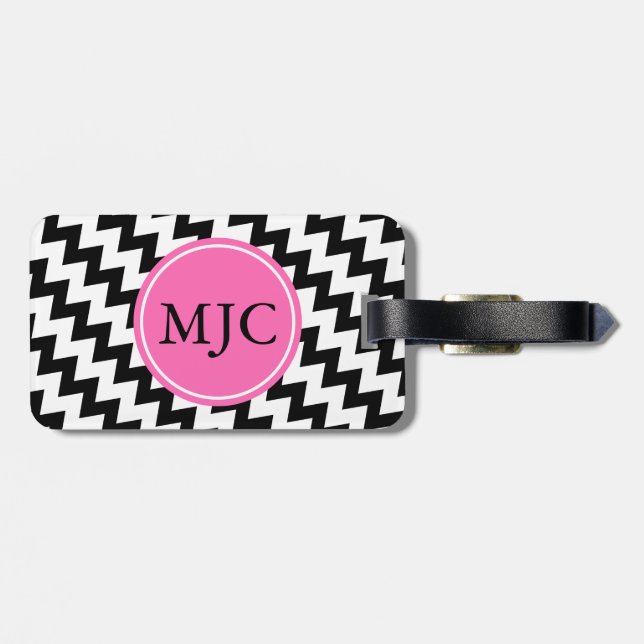 Étiquette À Bagage Monogramme personnalisé Zigzag noir et blanc (Dos horizontal)