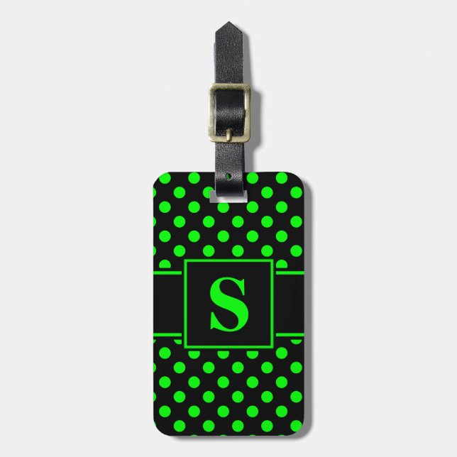 Étiquette À Bagage Monogramme points lime vert sur fond noir (Devant Vertical)