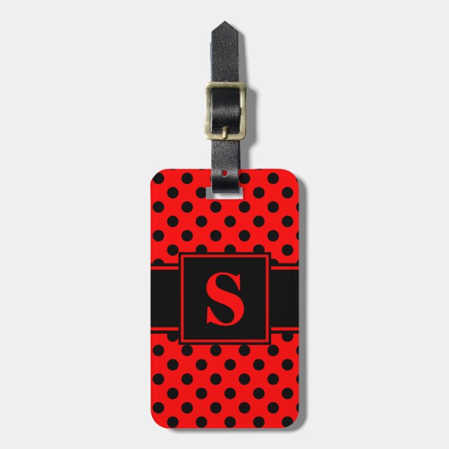 Étiquette À Bagage Monogramme Points Noirs sur Fond Rouge (Devant Vertical)