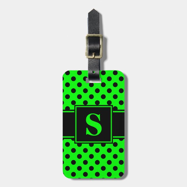Étiquette À Bagage Monogramme points noirs sur fond vert citron (Devant Vertical)