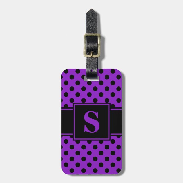 Étiquette À Bagage Monogramme Points Noirs sur Fond Violet (Devant Vertical)