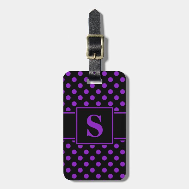 Étiquette À Bagage Monogramme points noirs violets sur fond noir (Devant Vertical)