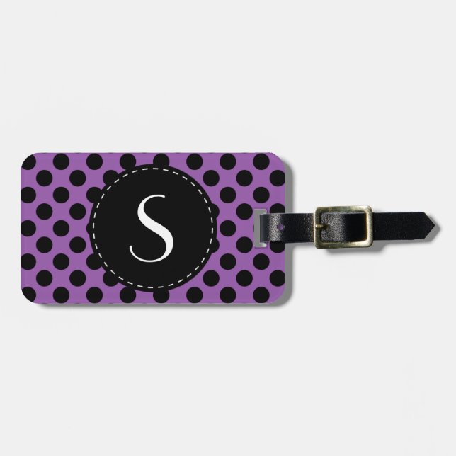 Étiquette À Bagage Monogramme pourpre de point de polka personnalisé (Devant horizontal)