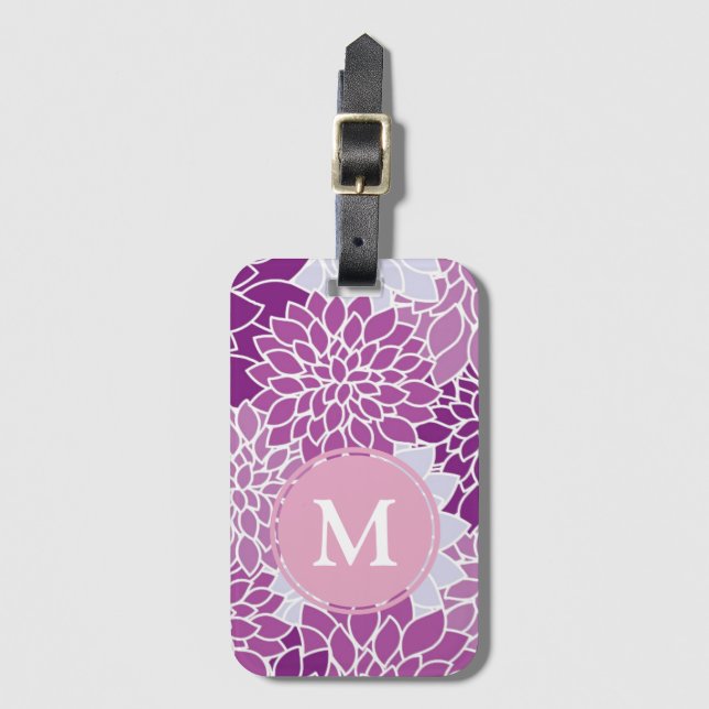 Étiquette À Bagage Monogramme pourpre et lilas de motif de fleur (Devant Vertical)