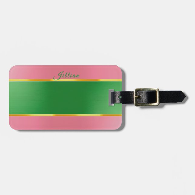 Étiquette À Bagage Monogramme Prépa Rose Vert Élégant (Devant horizontal)