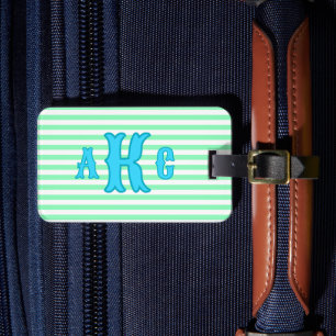 Étiquette À Bagage Monogramme rayé bleu vert prépa personnalisé