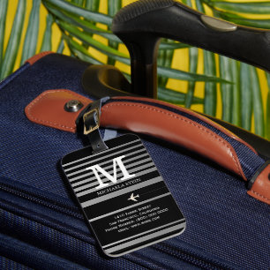 Étiquette À Bagage Monogramme rayé noir et blanc