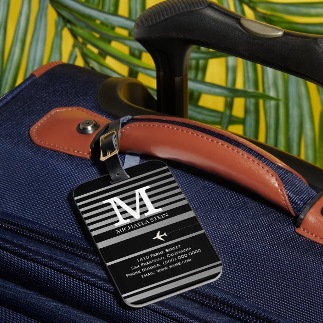 Étiquette À Bagage Monogramme rayé noir et blanc (Insitu Rectoal 1)