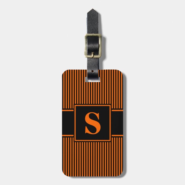 Étiquette À Bagage Monogramme rayure fine orange noir (Devant Vertical)