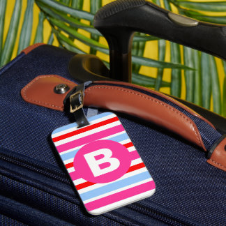 Étiquette À Bagage Monogramme rayures bonbons rose et bleu vif